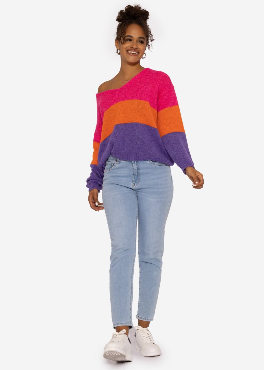 Stripe sweater with V-neck, pink/orange/purple