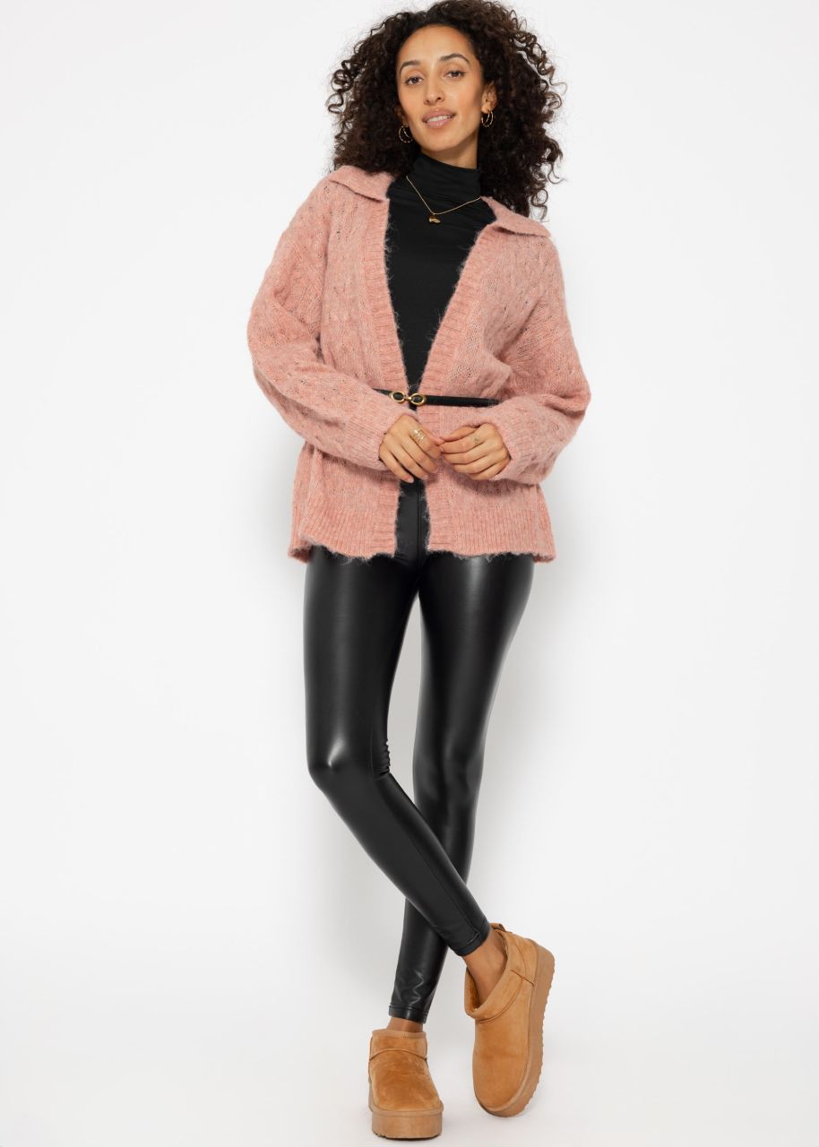 Fluffy cable-knit cardigan with collar - dusky pink