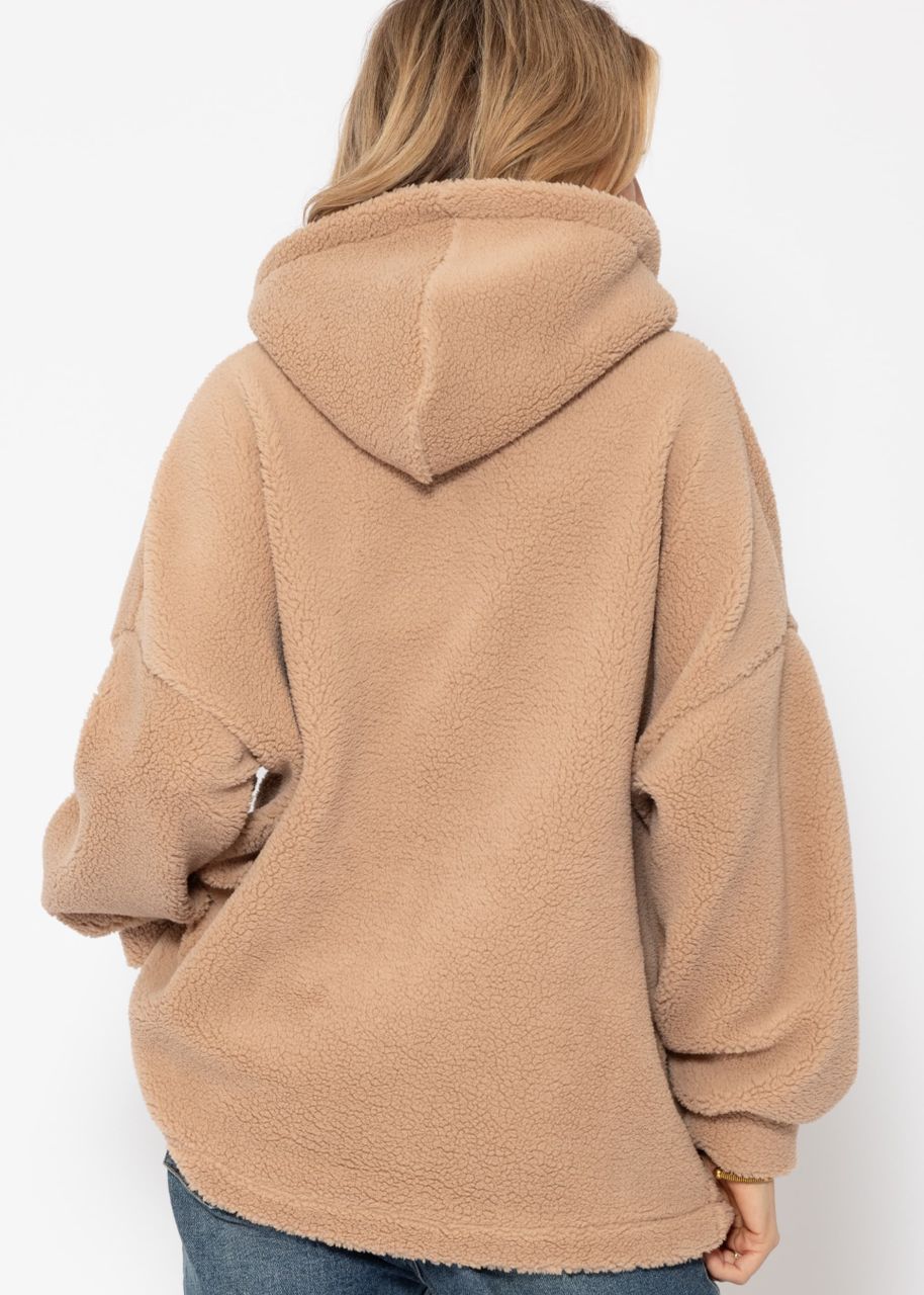 Oversized teddy sweatshirt with hood - beige