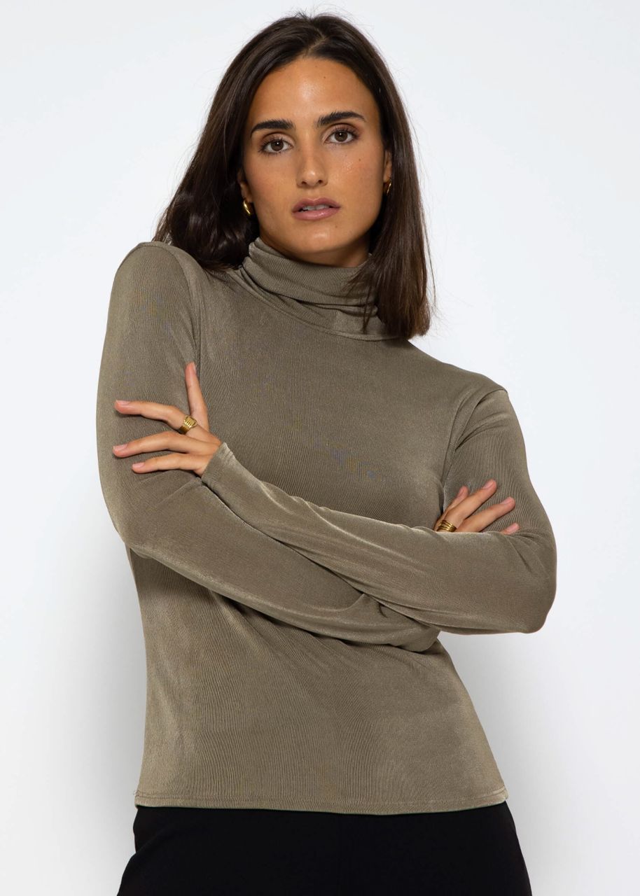 Flowing long-sleeved shirt with turtleneck and back cut-out - khaki