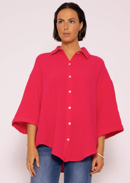 Muslin blouse oversize short sleeve, short, raspberry red