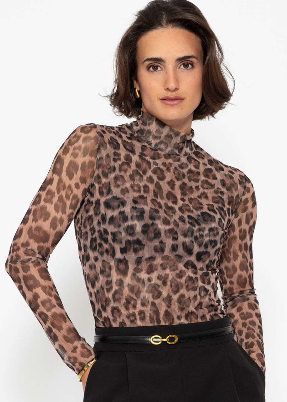 Mesh long sleeve shirt with leo print - brown