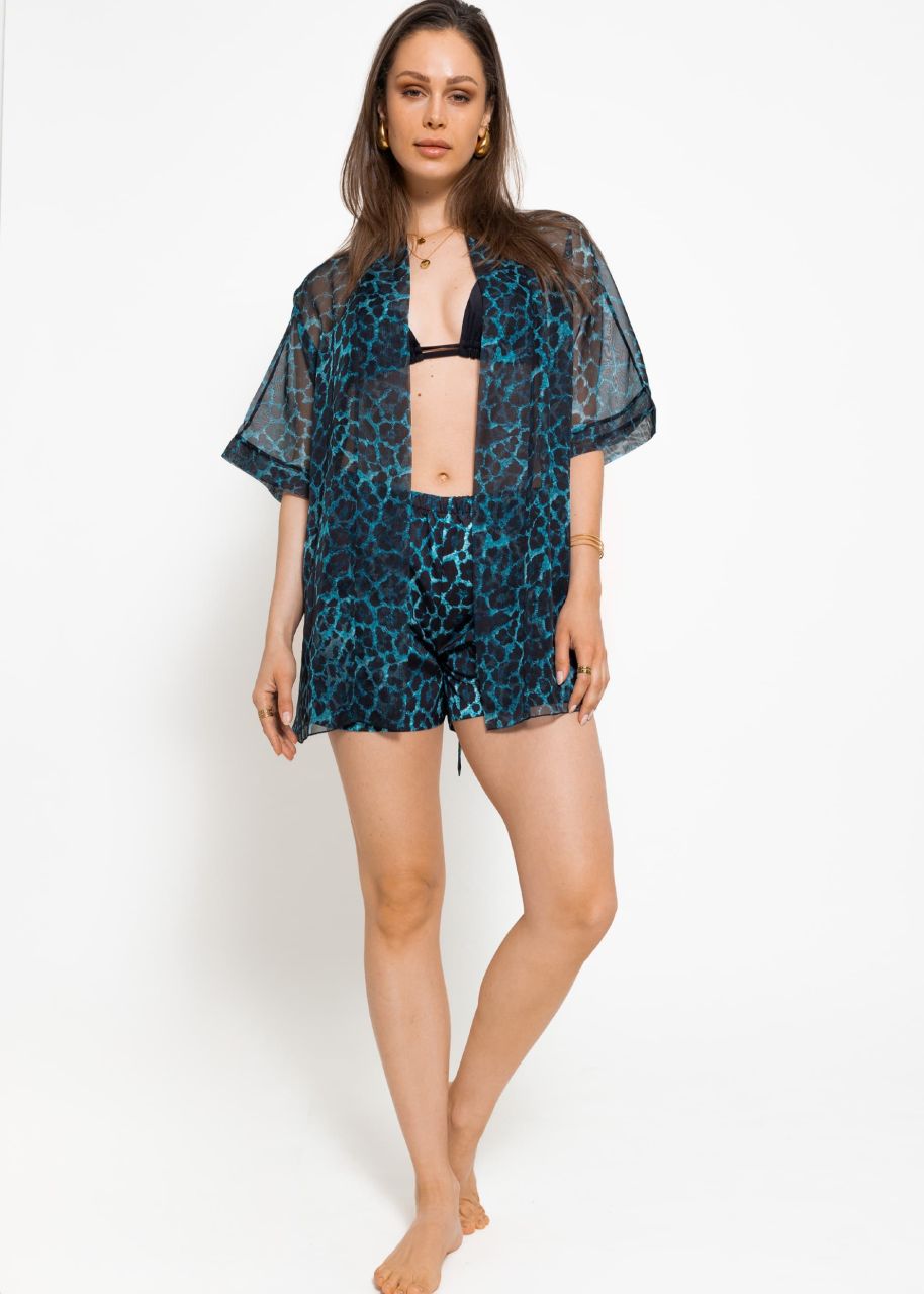 Satin shorts with leo print - turquoise