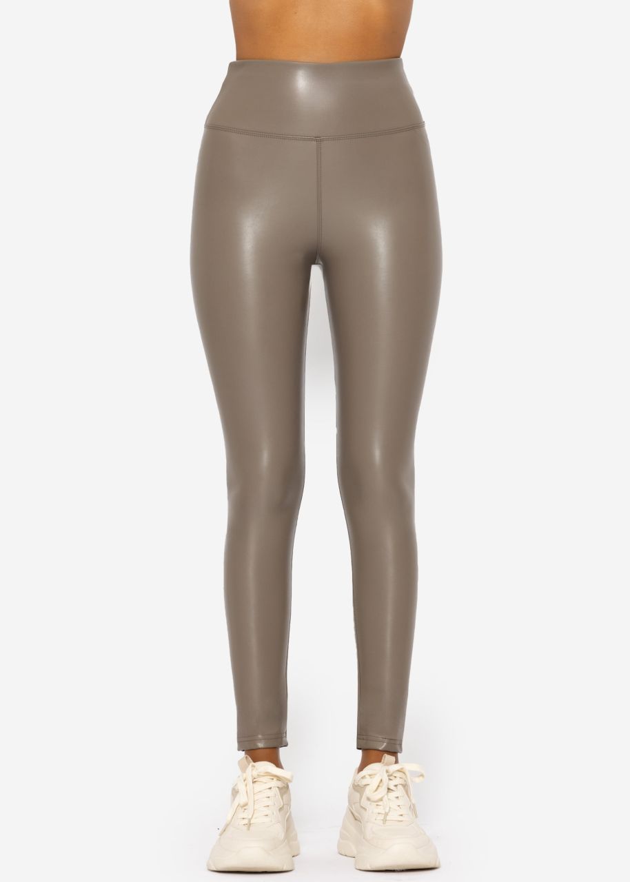 High-rise thermal leather leggings with wide waistband - taupe