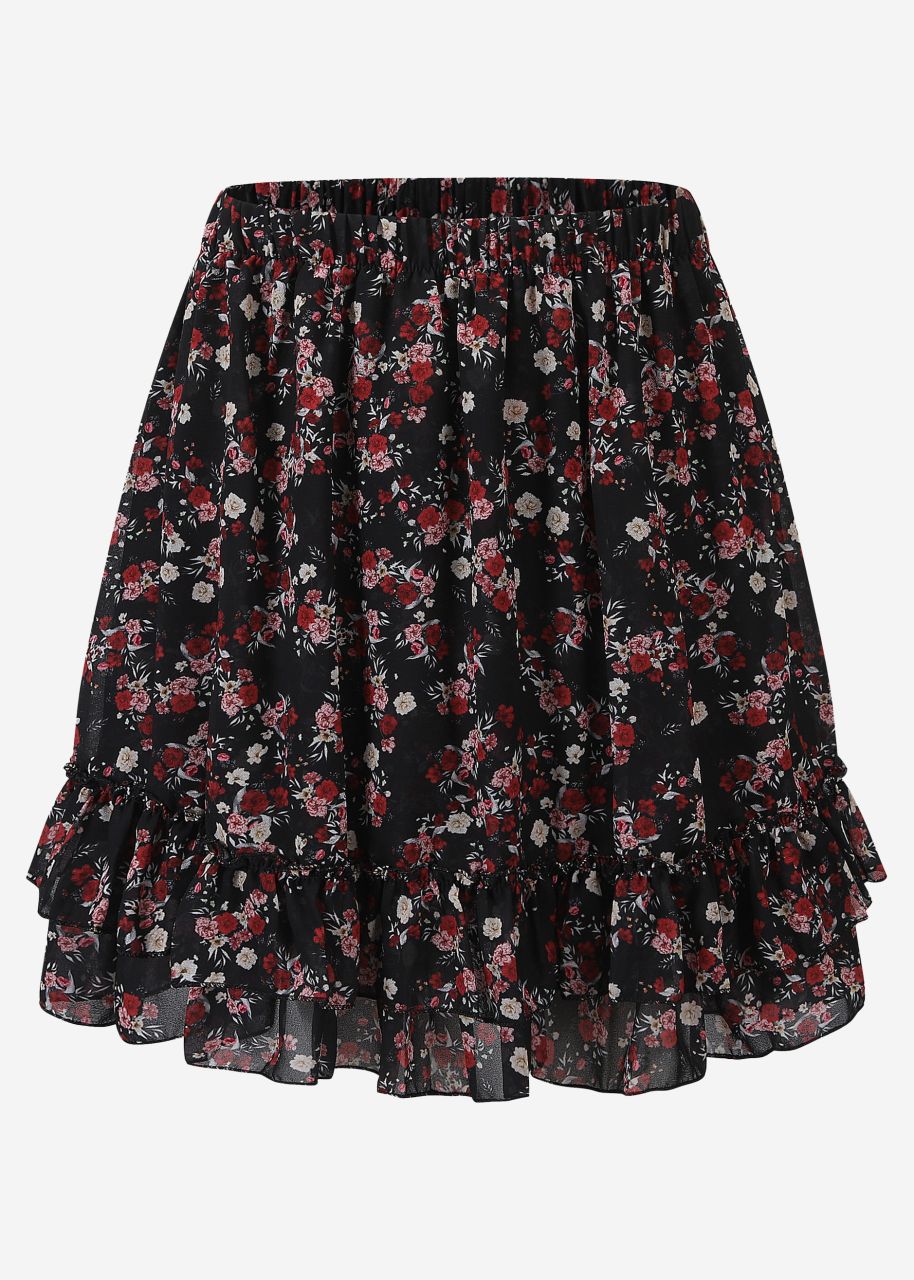 Flouncy skirt with ruffles and floral print - black