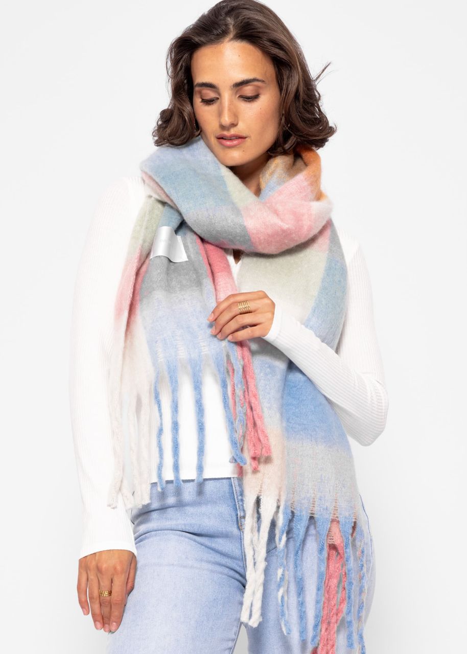 Checked fluffy scarf - pink-blue-green