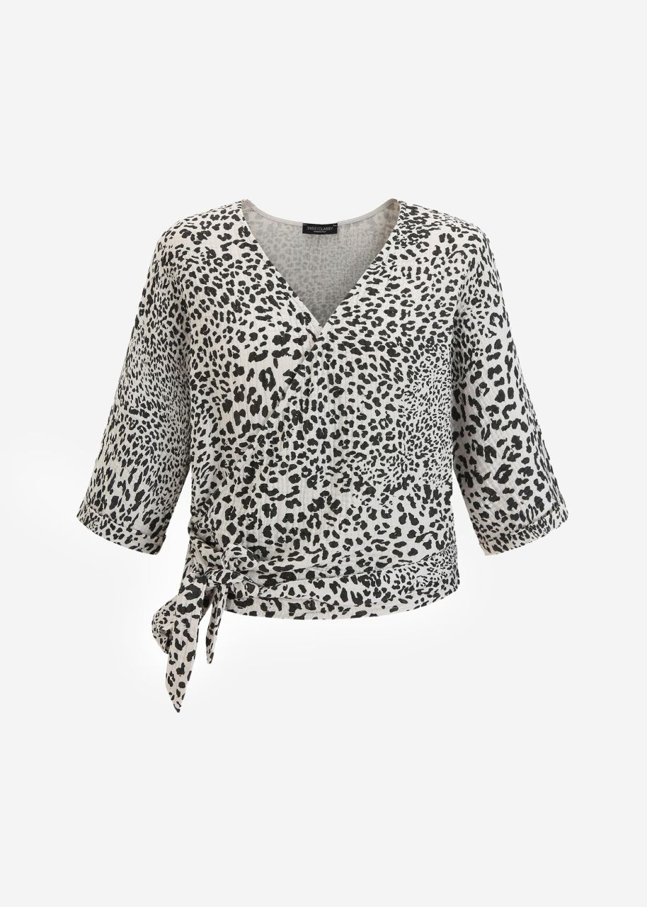 Wrap-around muslin blouse with leopard print - light beige