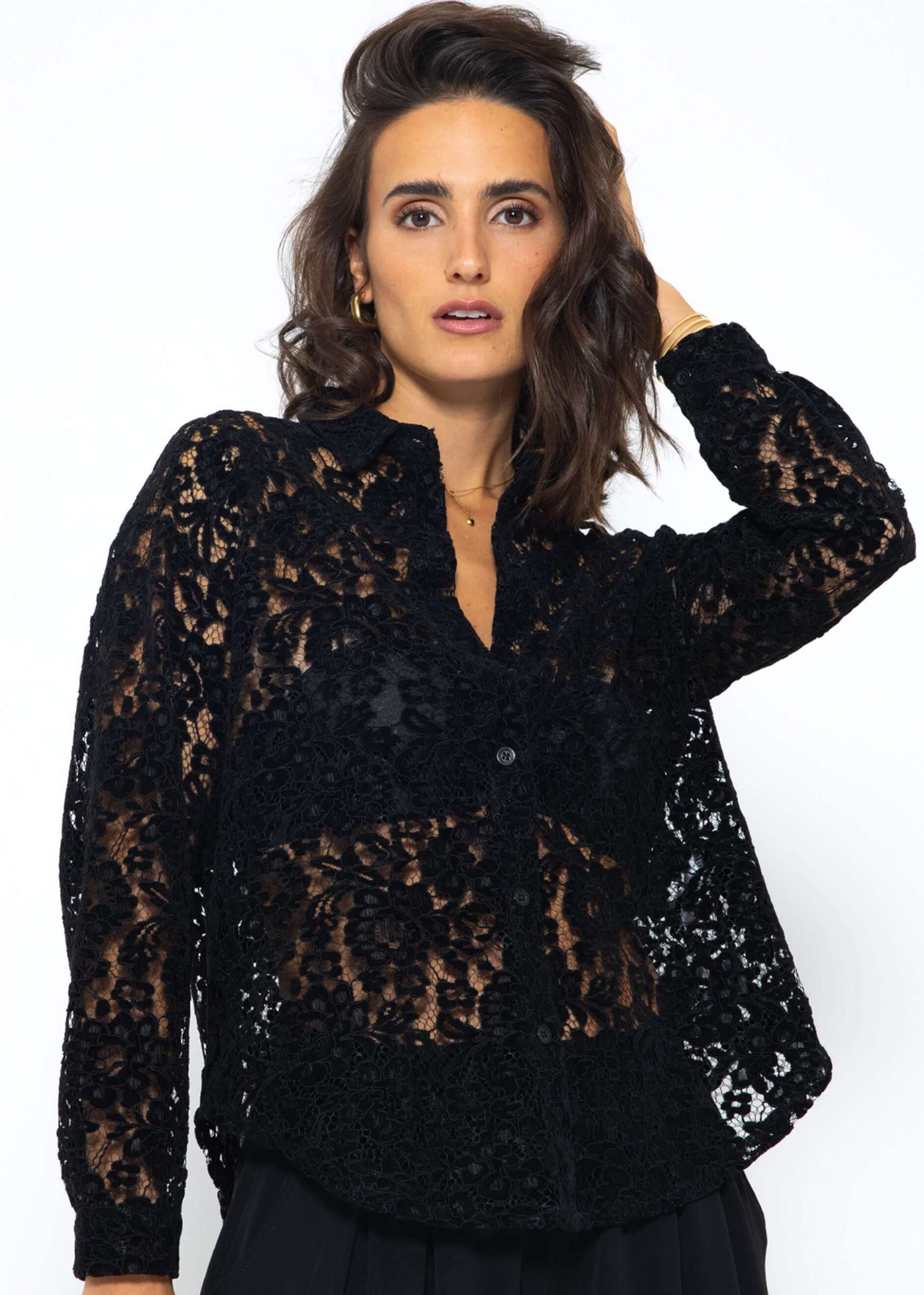 Lace blouse with velvet effect - black