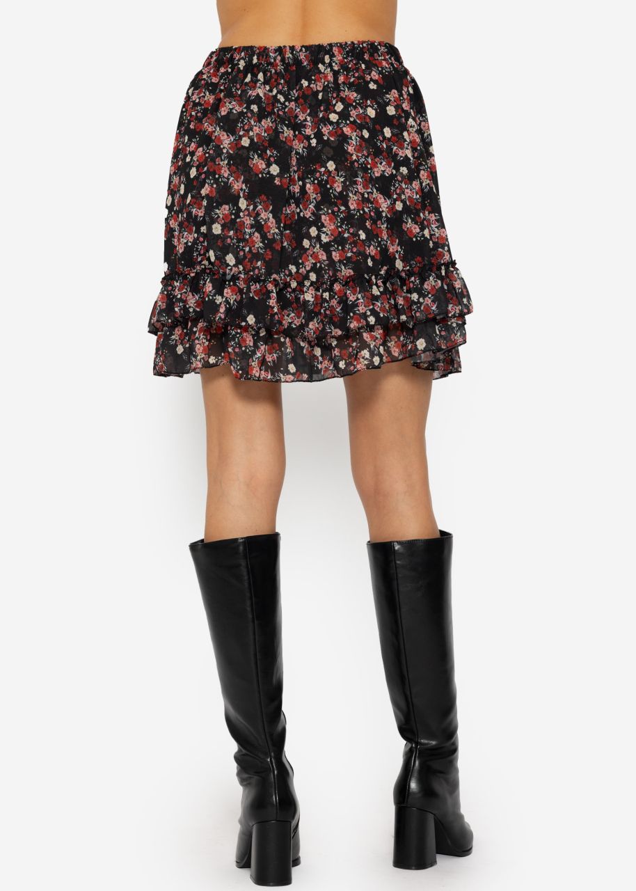 Flouncy skirt with ruffles and floral print - black