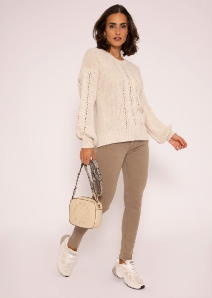 Round neck sweater with cable knit, beige