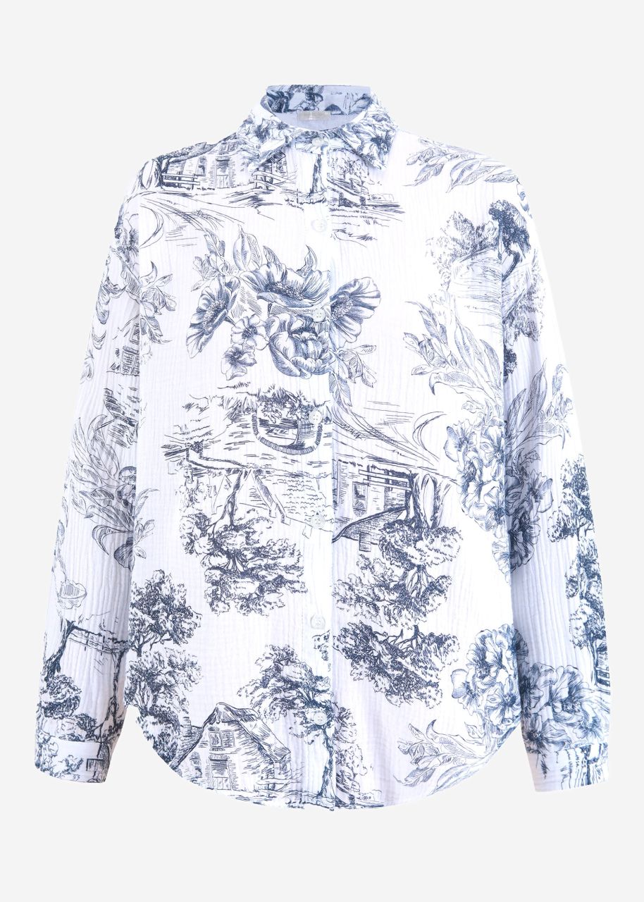 Oversize muslin blouse with print - dark blue