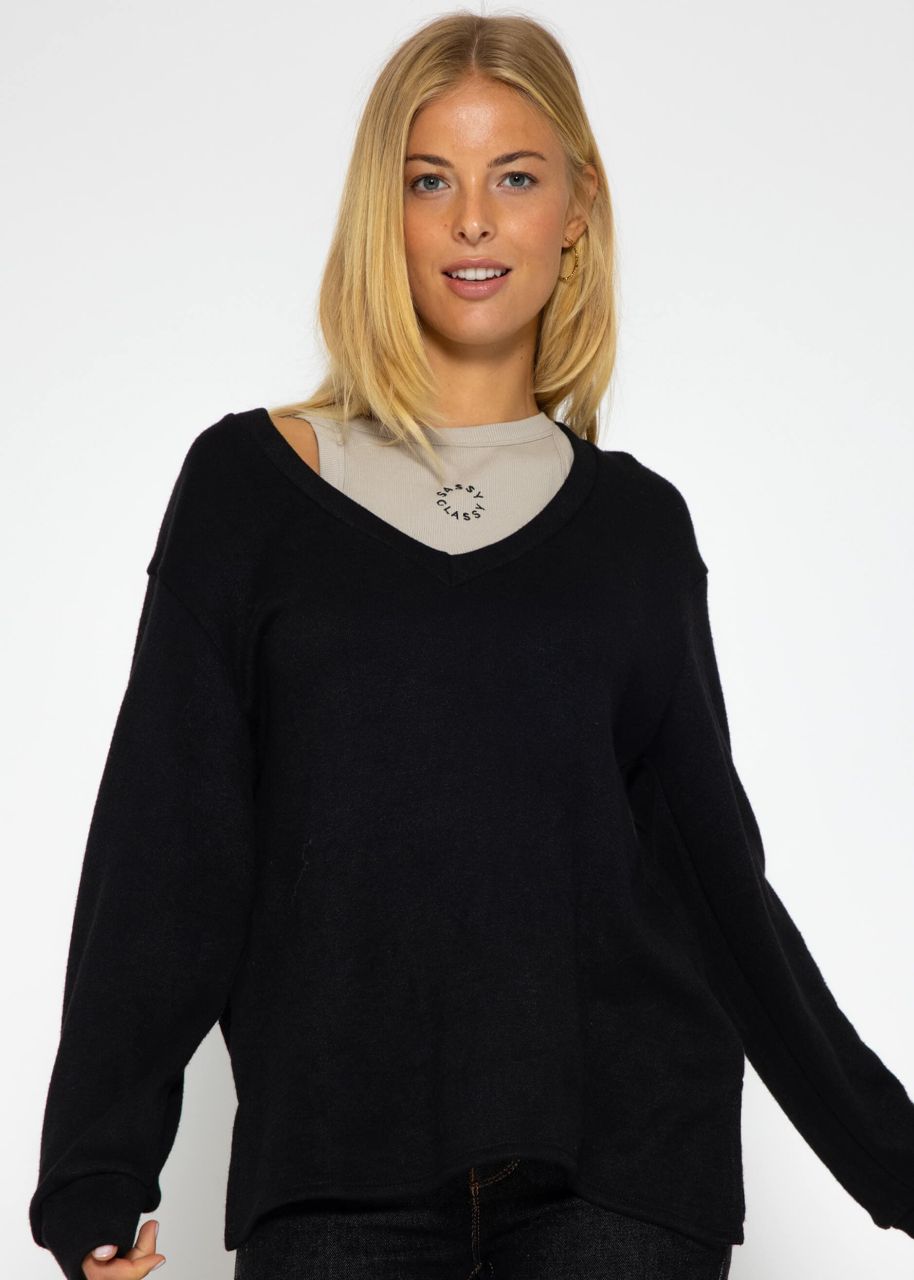 Oversize soft jumper with deep V-neck - black