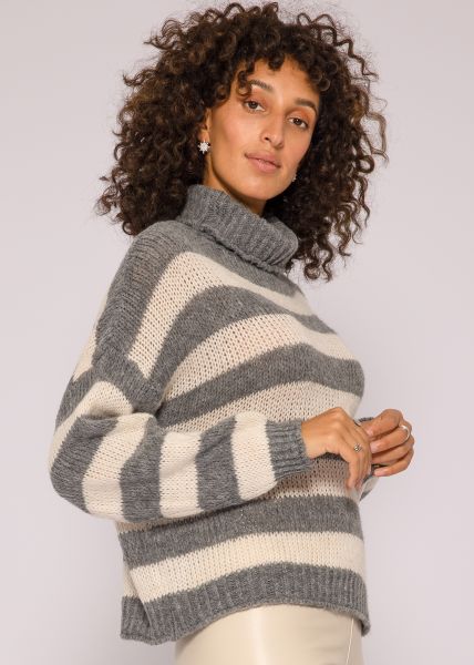 Striped turtleneck sweater, gray / beige