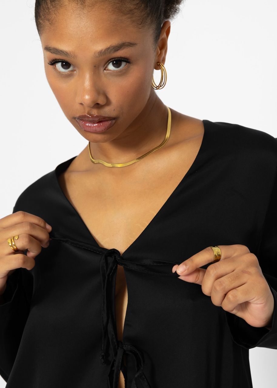 Satin blouse with tie ribbons - black