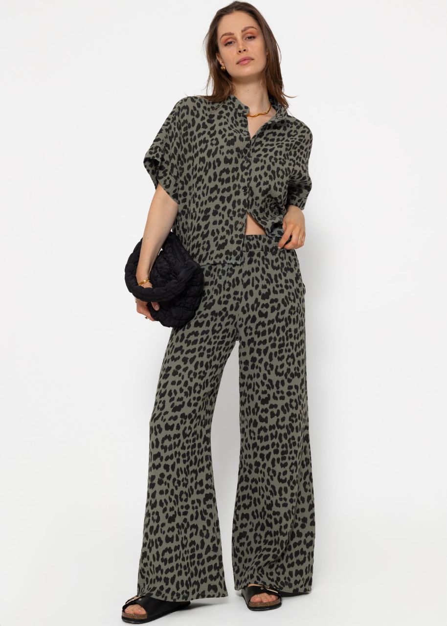 Muslin pants with wide legs in leopard print - khaki