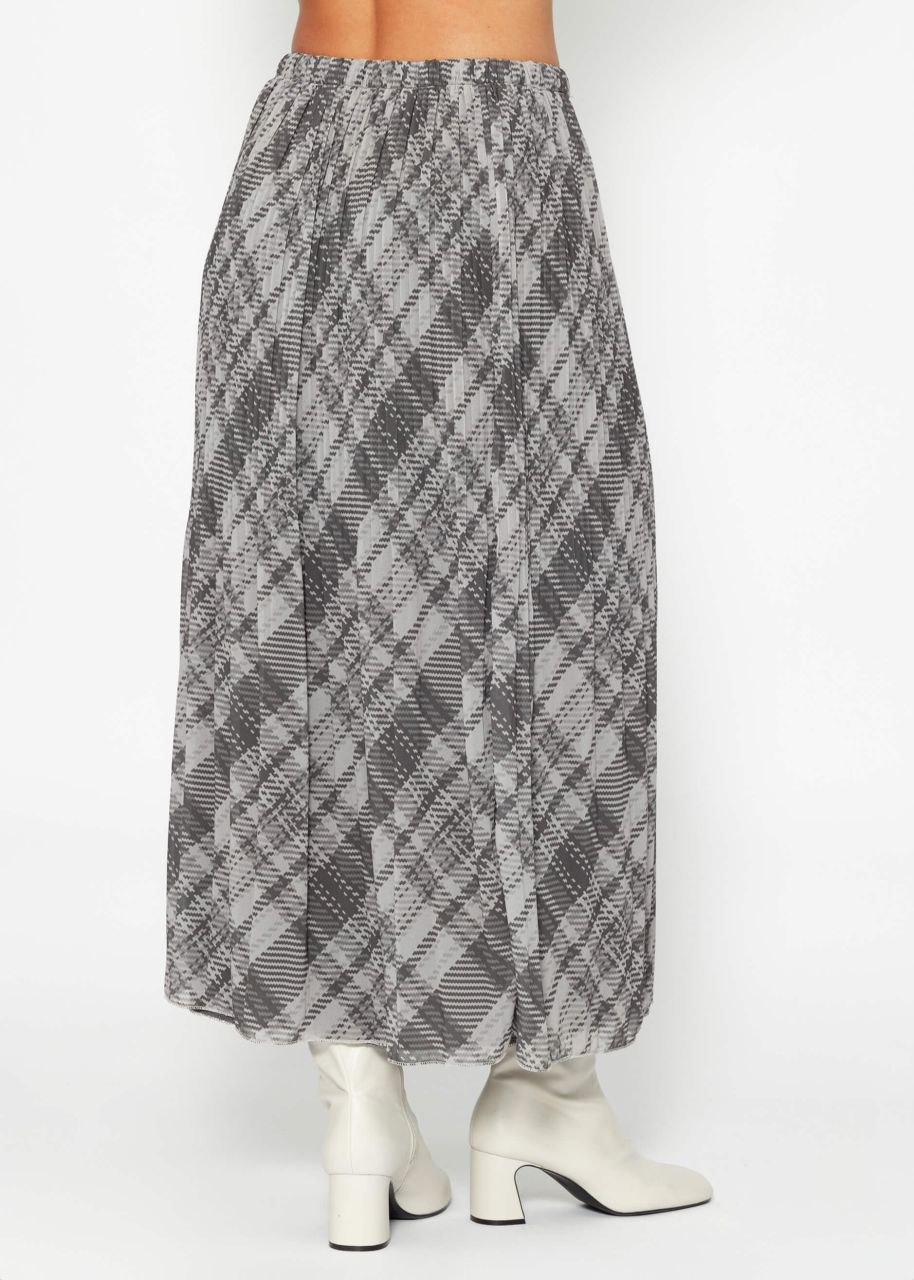 Long pleated chiffon skirt with check print - gray