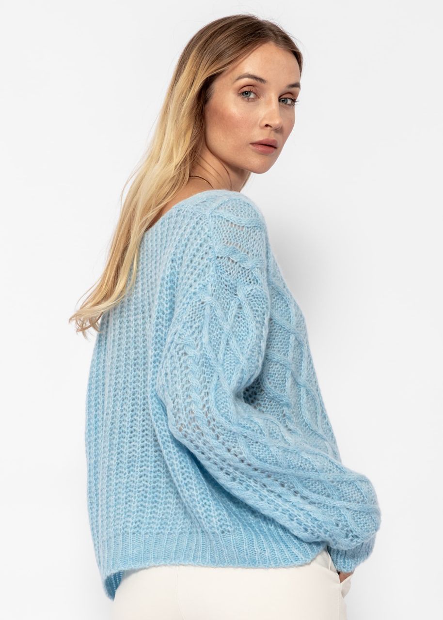 Oversized cardigan with cable knit pattern - light blue