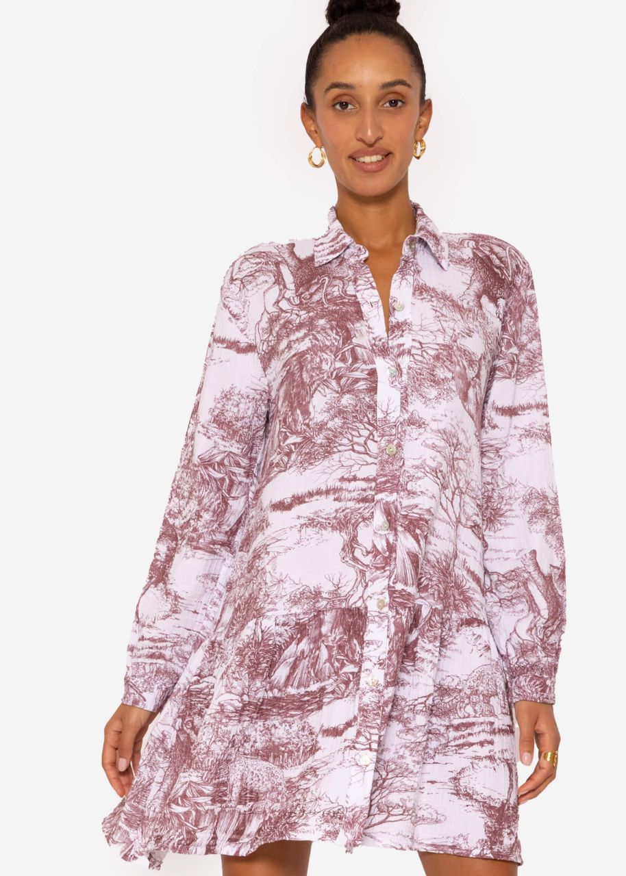 Muslin dress with long sleeves and print, wine red