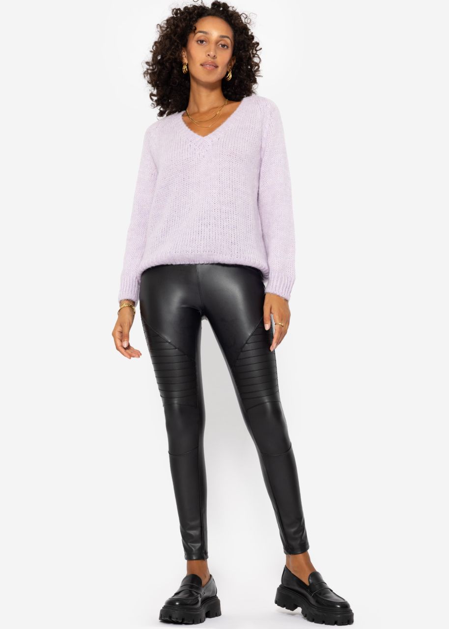 High-rise thermal biker leather leggings - black