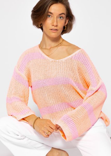 Striped cotton sweater - peach-lilac