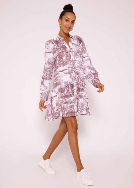 Muslin dress with long sleeves and print, wine red