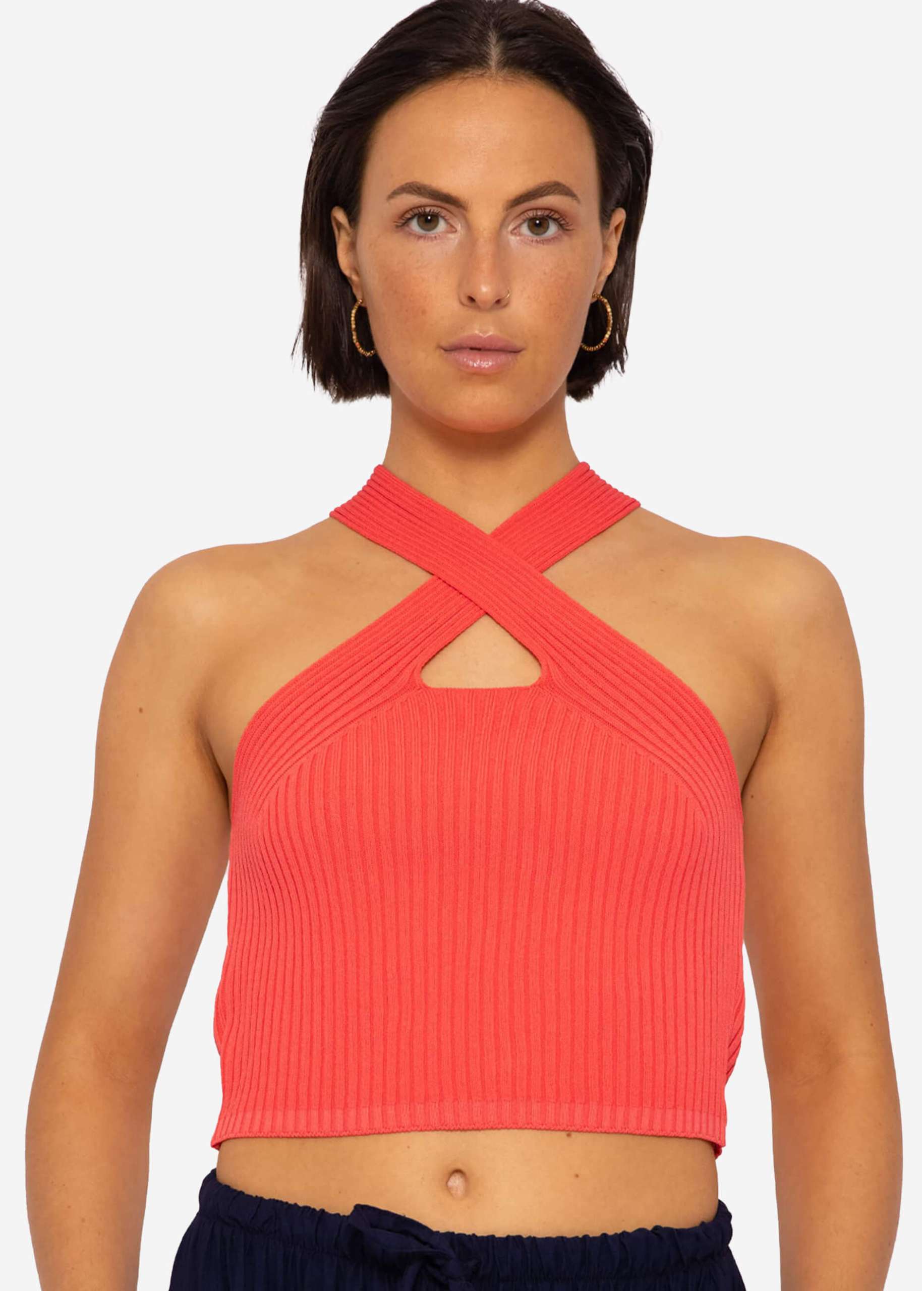 Halterneck knit top, coral