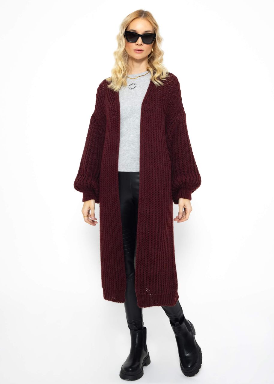 Ribbed long cardigan with balloon sleeves - burgundy