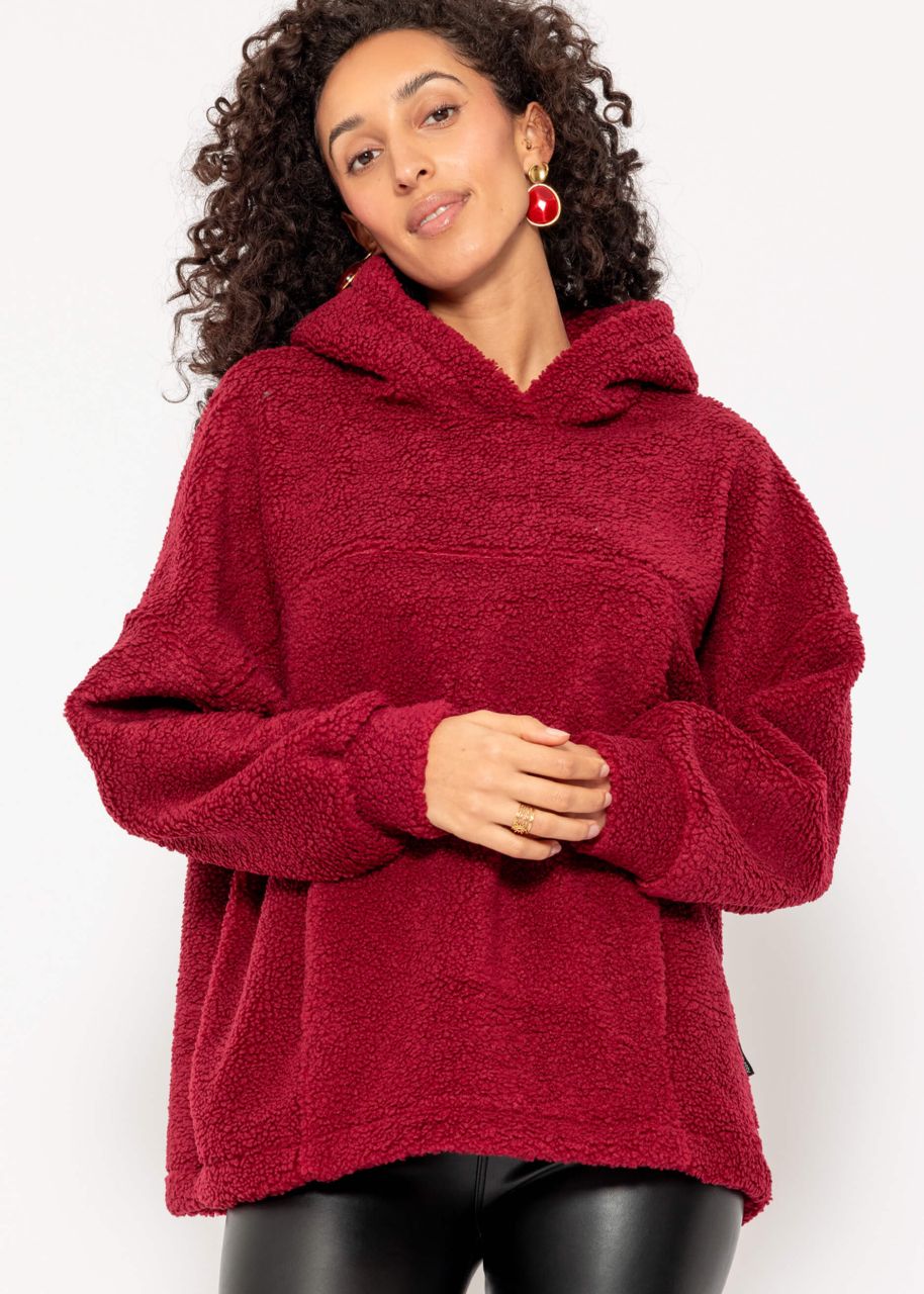 Oversized teddy sweatshirt with hood - wine red