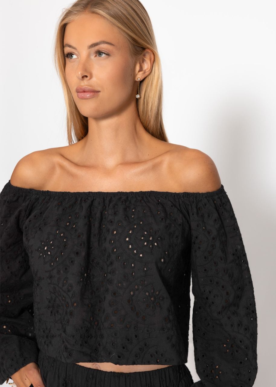 Off-the-shoulder long sleeve top with eyelet embroidery - black