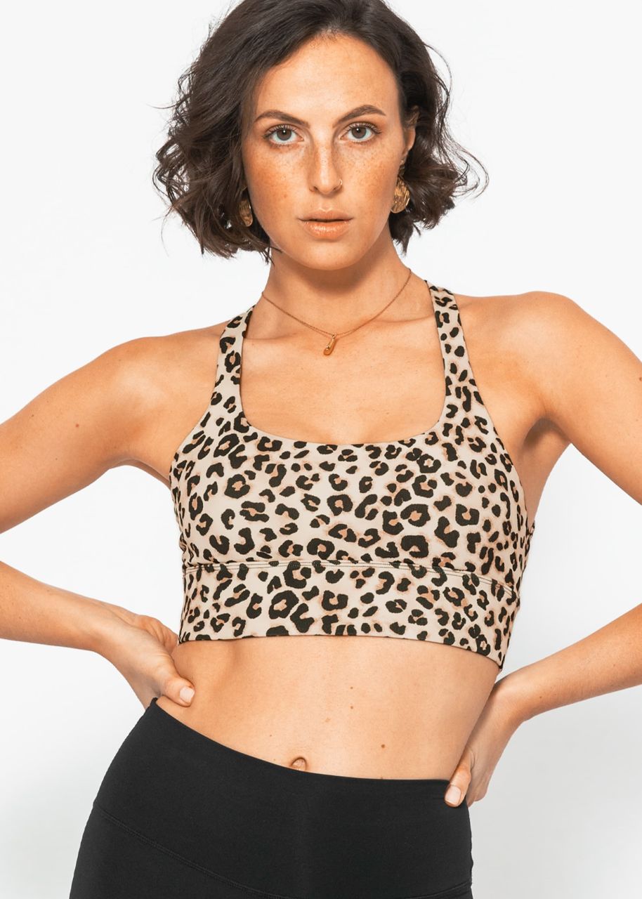 Crop sports bra with cross back in leo print - beige