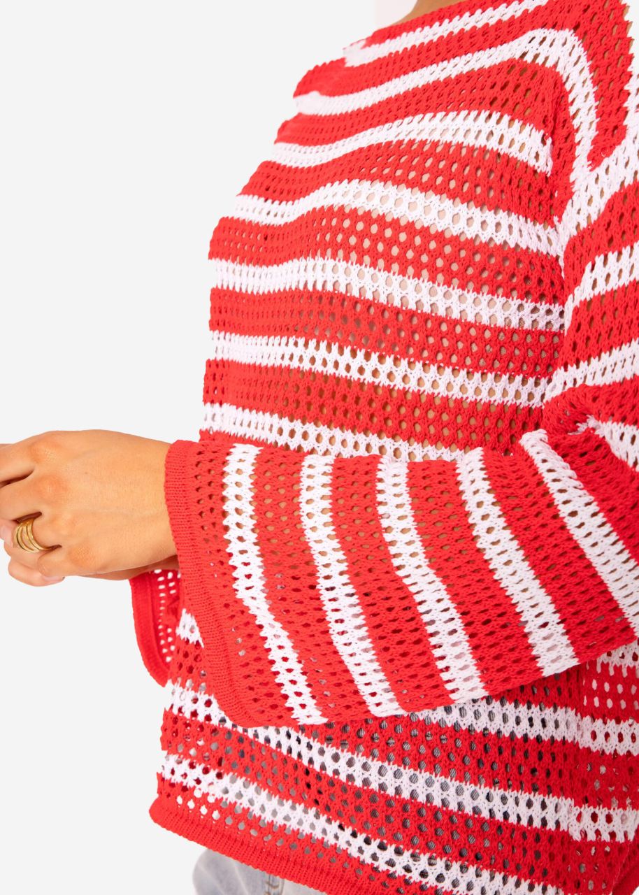 Stripe Crochet Sweater, Red-White