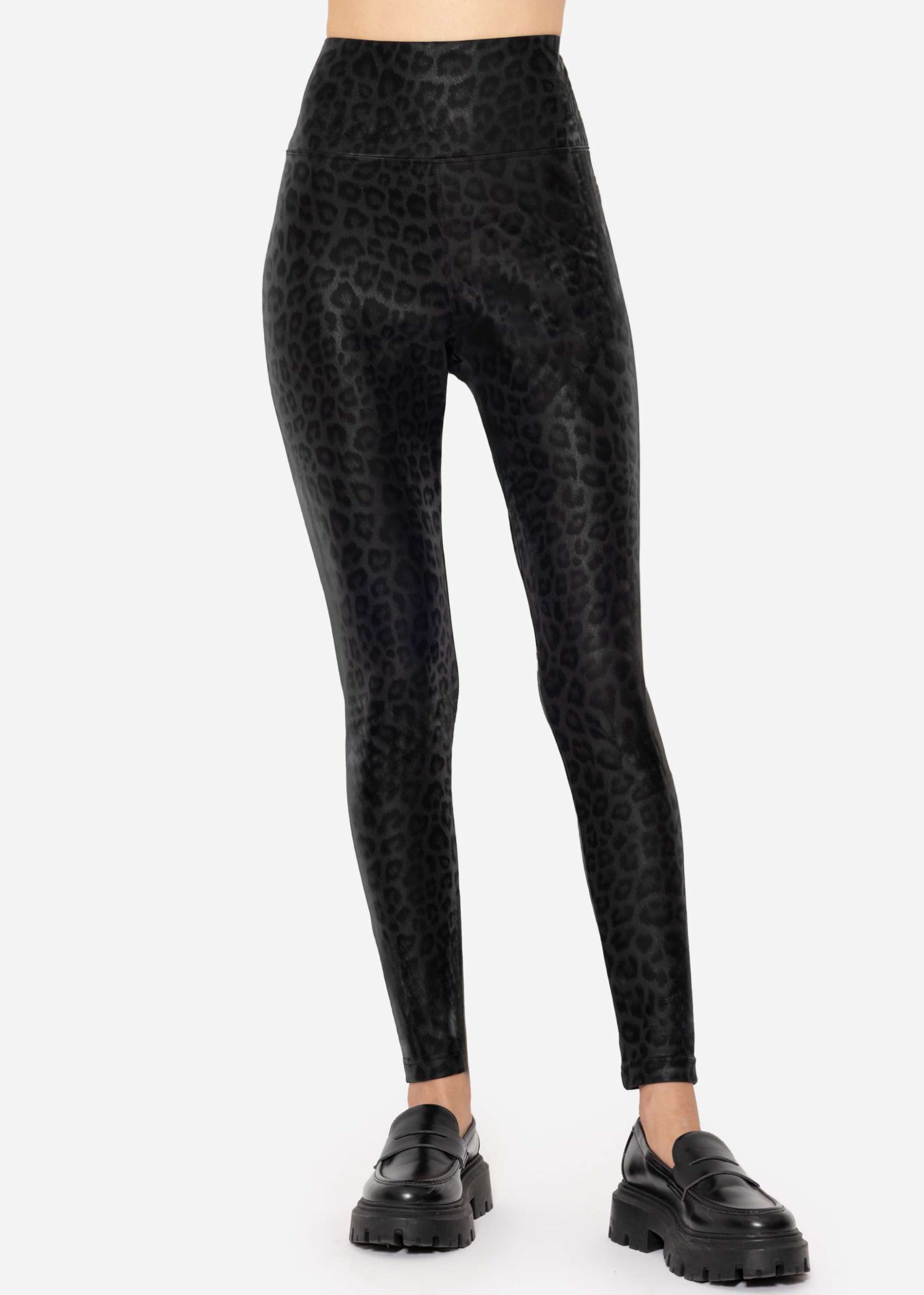 Thermo faux leather leggings with leo print - black