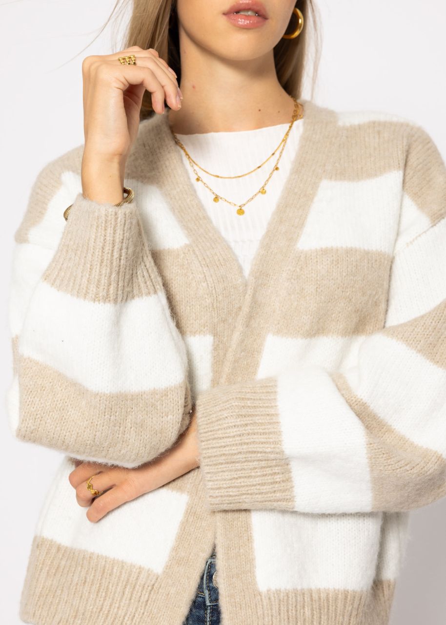 Oversize cardigan with block stripes - beige-offwhite