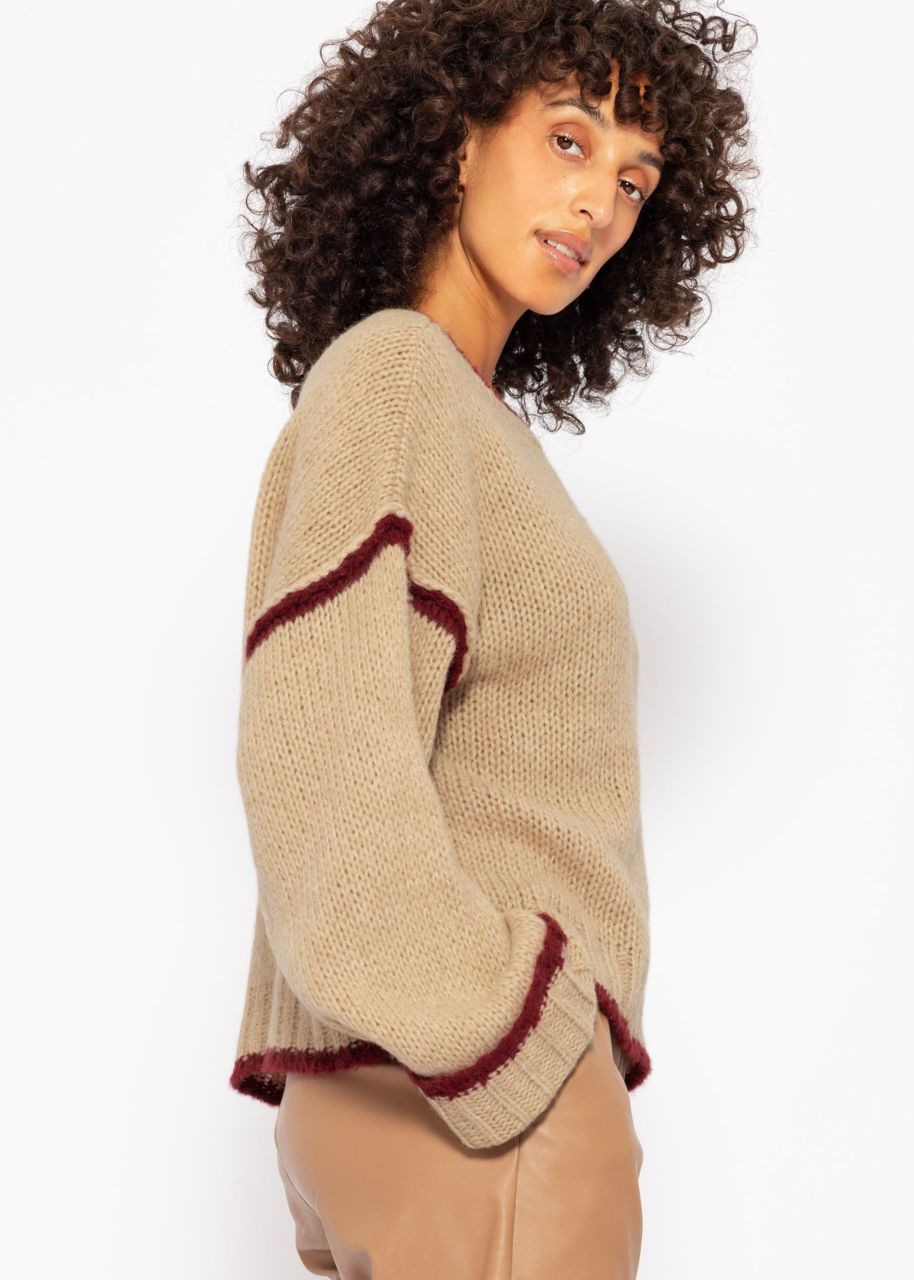 Jumper with coloured trims - beige-bordeaux