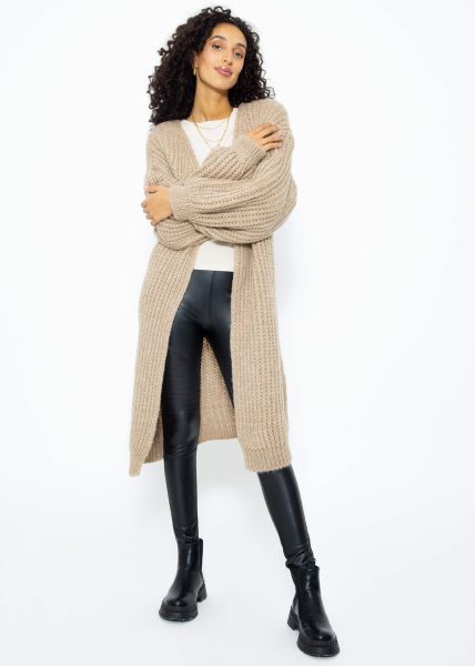 Ribbed, long cardigan with balloon sleeves - taupe