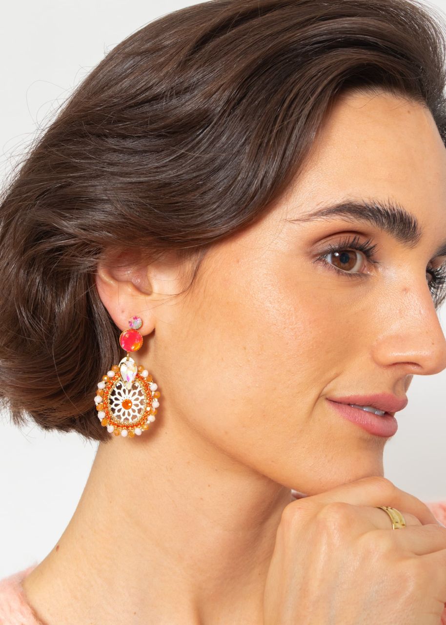 Stud earrings, gold, in boho style - red