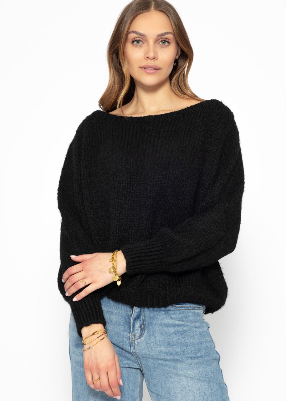 Fluffy sweater with boat neckline - black