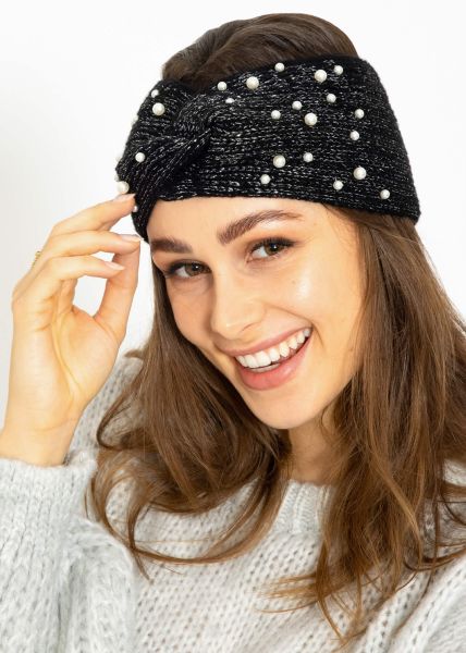 Knitted headband with pearls and lurex - black