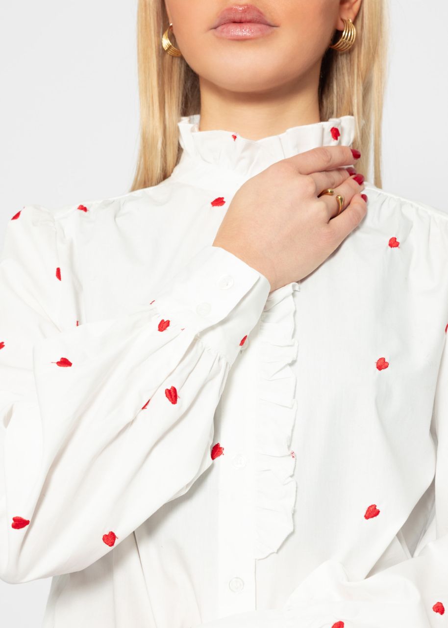 Blouse with red heart embroidery - white