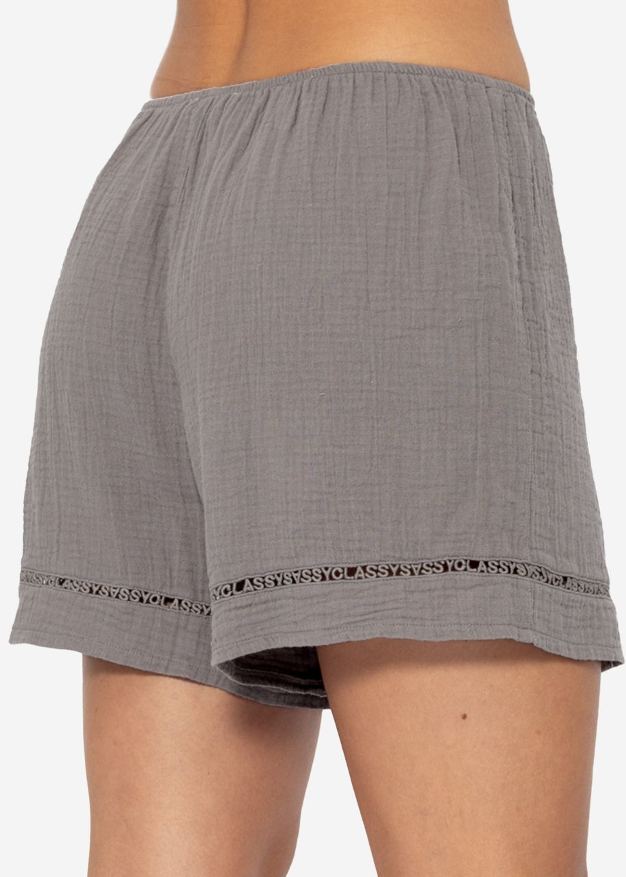 Muslin pyjama shorts with lace trim - taupe