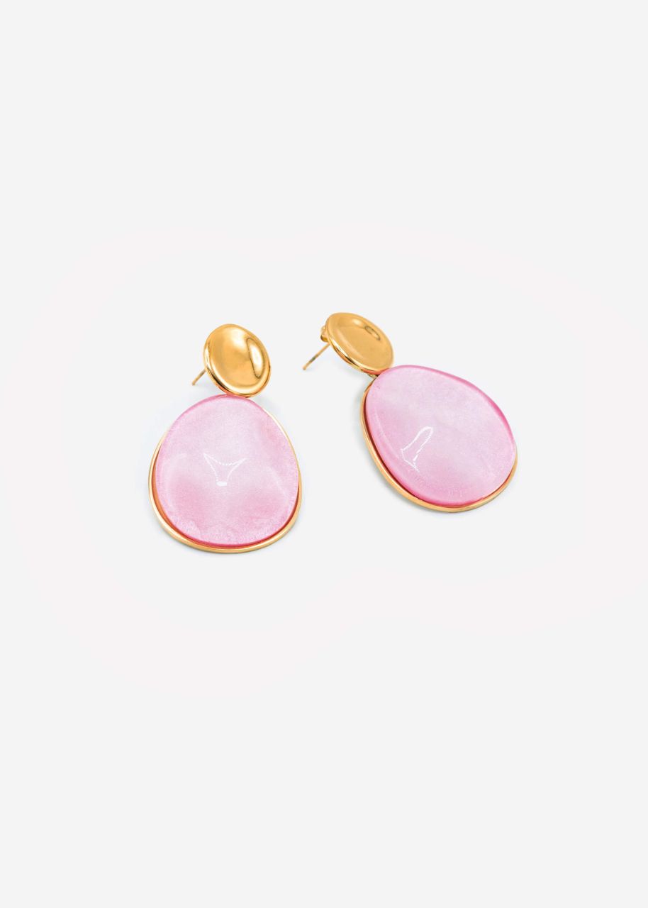 Stud earrings with oval pink pendant - gold