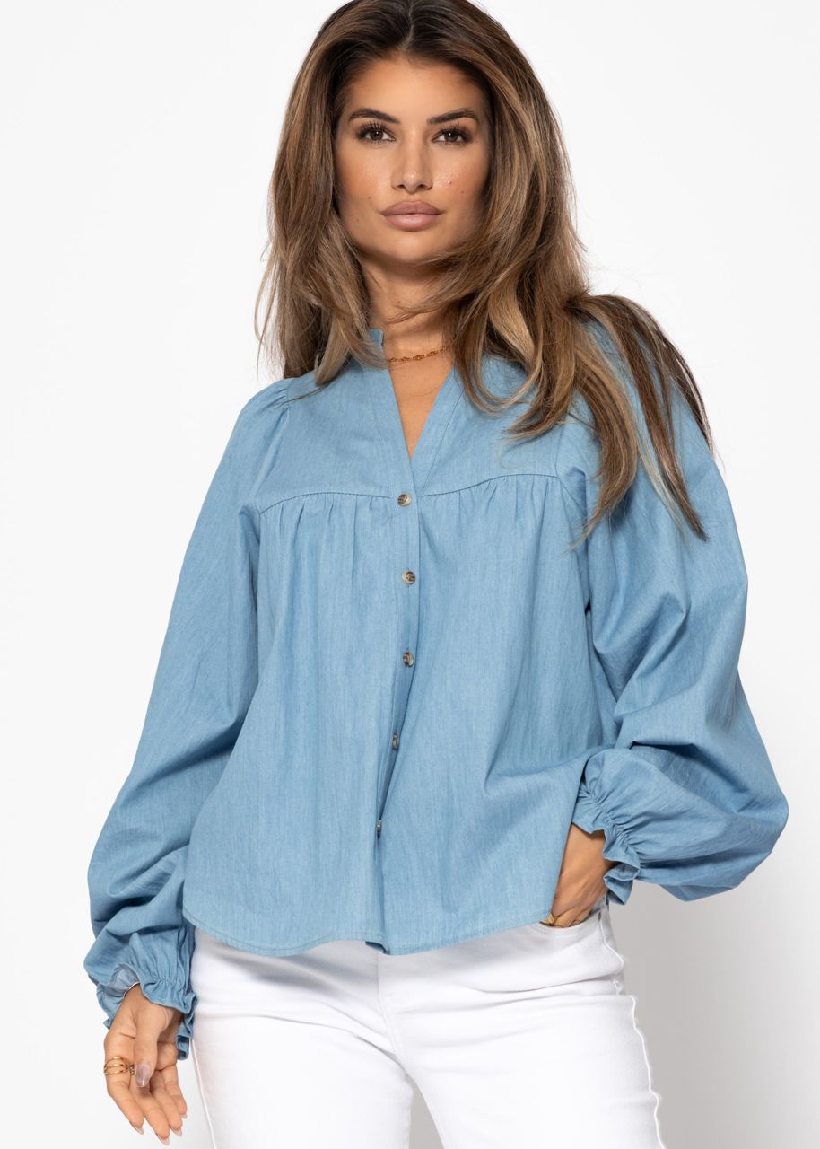 Denim blouse with V-neck - blue