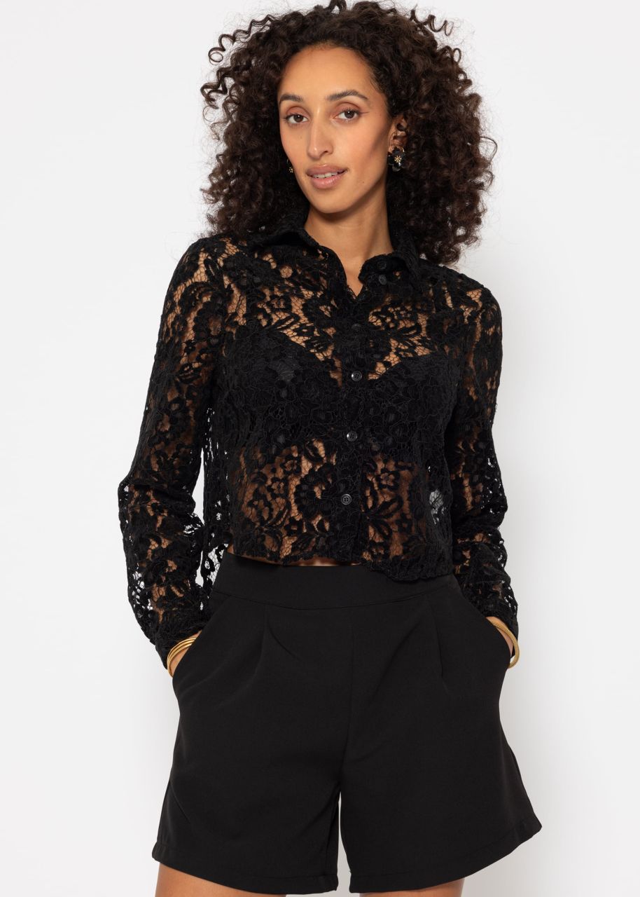 Short lace blouse with velvet effect - black