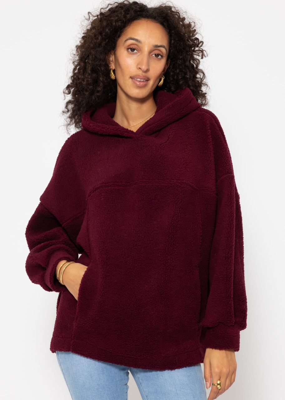 Oversized teddy sweatshirt with hood - burgundy