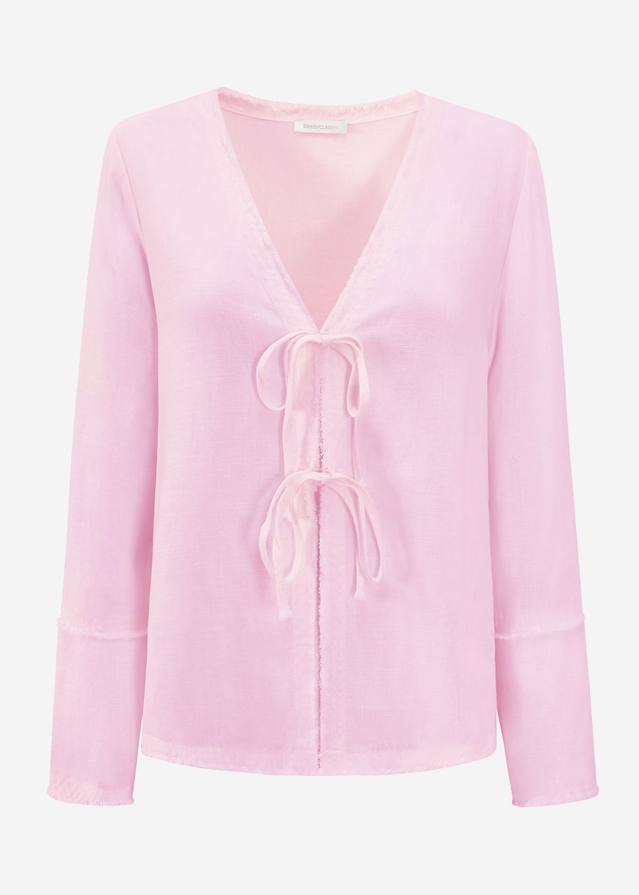 Linen blouse with trumpet sleeves and bow closure - pink
