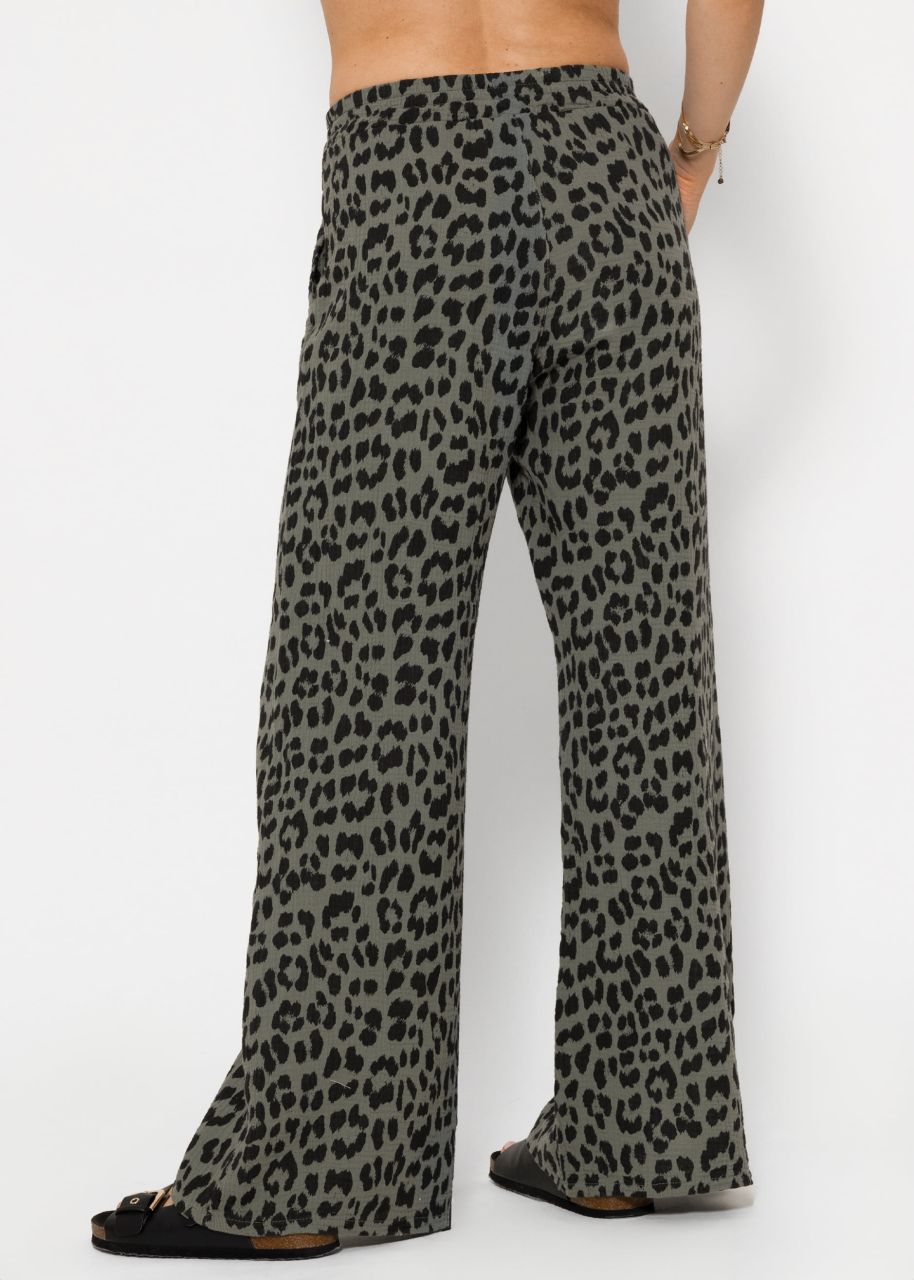 Muslin pants with wide legs in leopard print - khaki