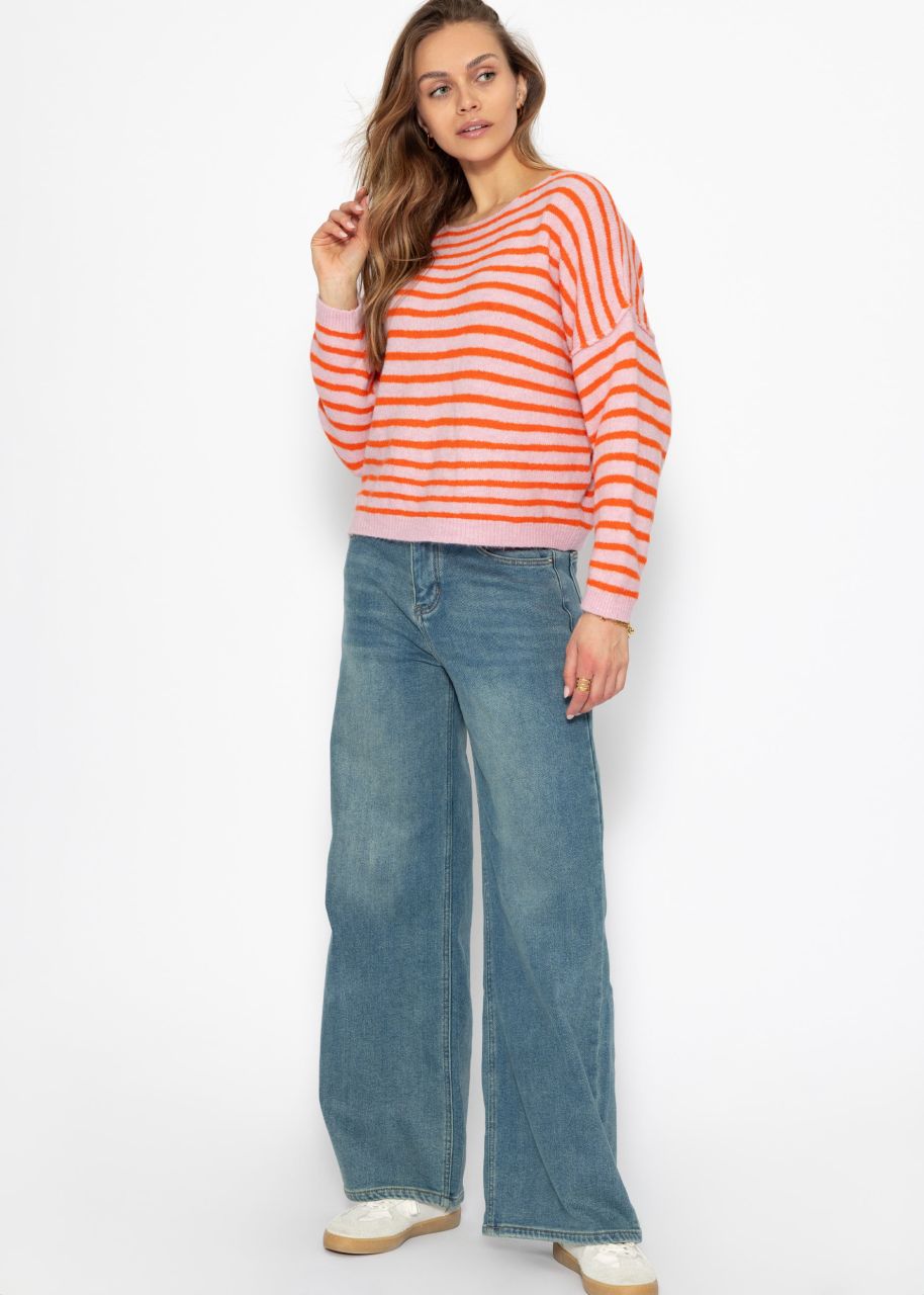 Striped oversized sweater with back seam - pink-orange