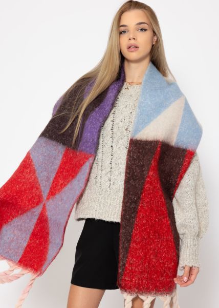 Patterned scarf with bright fringes, red/purple/offwhite