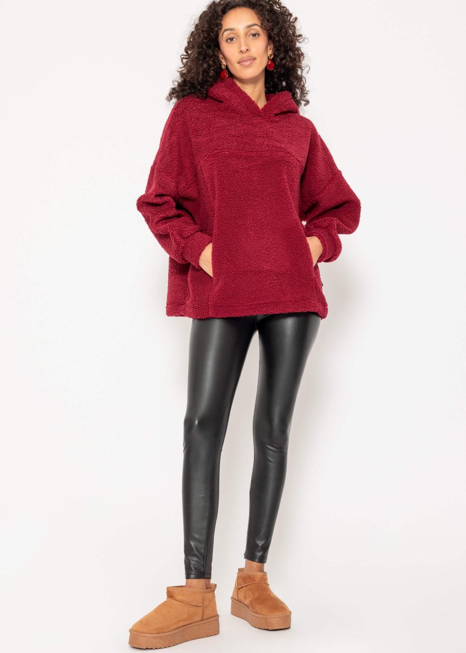 Oversized teddy sweatshirt with hood - wine red