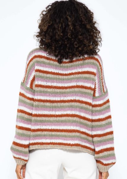 Round neck jumper with colourful striped stripes - beige